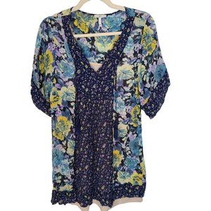Joie Womens S Blue Floral Tasseled Tie Neck Layered Tunic Silk Blouse Top